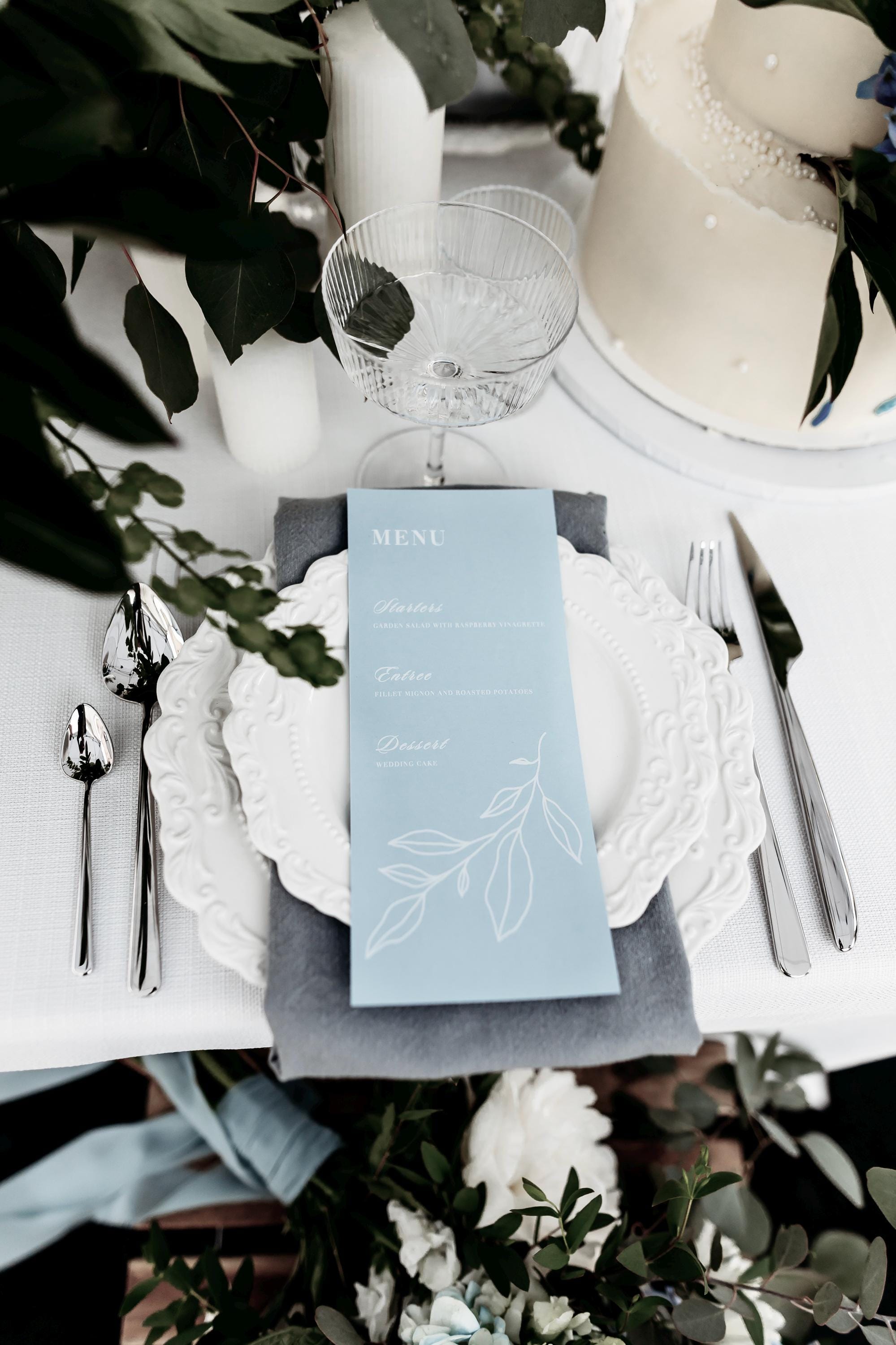 Light Blue and White Menu for Wedding Reception Editable Canva Template Instant Download DIY Printable Menu