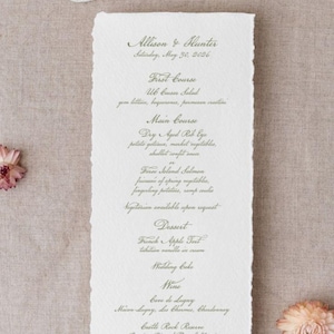 Sage Green Wedding Reception Menu on Handmade Paper with Deckled Edges