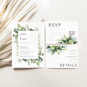 Greenery Wedding Invitation Template, Printable Wedding Invitation, Edit with TEMPLETT, Wedding Invitation, Summer, suite, set, Instant image 4