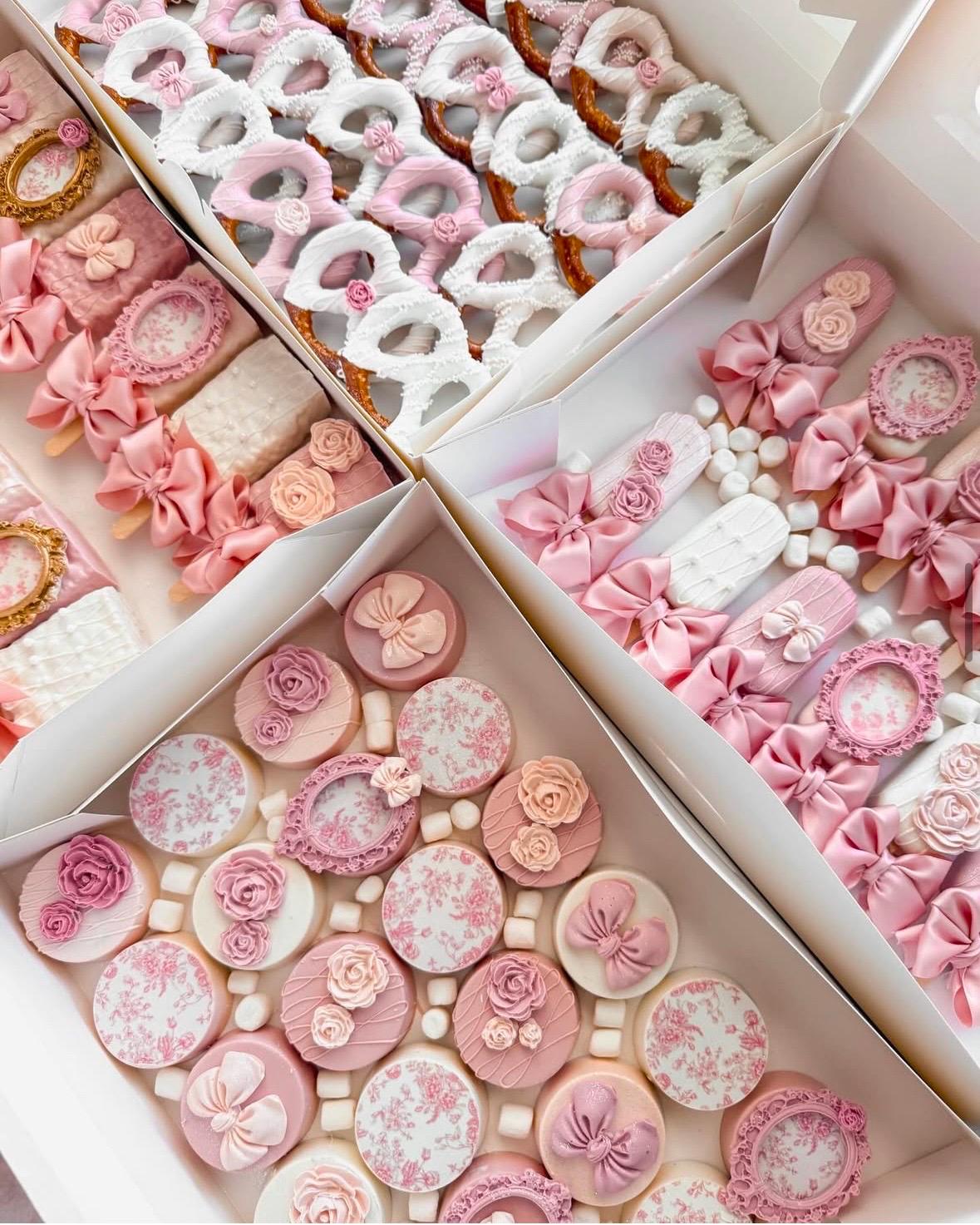 Dusty Rose Coquette, Bow themed Dessert Table Treat Bundle, It's a Girl/1st birthday Baby pink dessert package