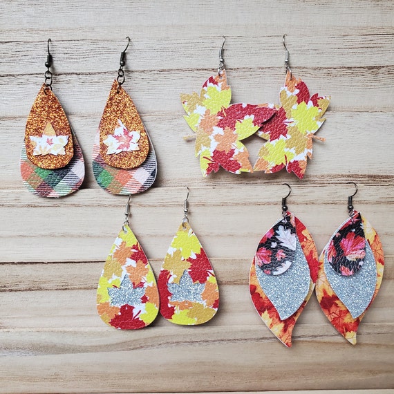 Fall Thanksgiving Earrings Faux Leather Earrings Maple Leaves