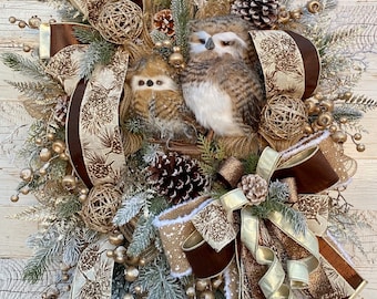Winter Wreath, Winter Owl Wreath, Woodland Christmas Wreath, Woodsy Wreath, Christmas Wreath, Owl Decor, Rustic Glam Winter Wreath, Snow Owl