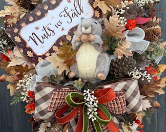 Fall Squirrel Wreath, Autumn Front Door Decor, Plush Squirrel