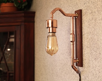 Copper Plug In Wall Sconce, Wood-Copper Wall Lamp, Light Fixture, Wall Mounted Light, Industrial Copper Sconce, Bedside Lamp, Hallway Light
