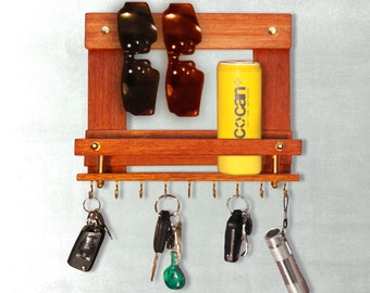 Soporte para llaves para pared con estante exclusivo con ganchos para organizador de entrada, decoración de granja, estante para llaves para colgar en la pared, estante de madera de teca
