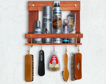 Shoe Shelf Accessory Exclusive Rack for Shoe Shine Brush Holder, Rack with Hooks for Wall Hanging Organizer Entryway Shelf for Shoe Care Kit