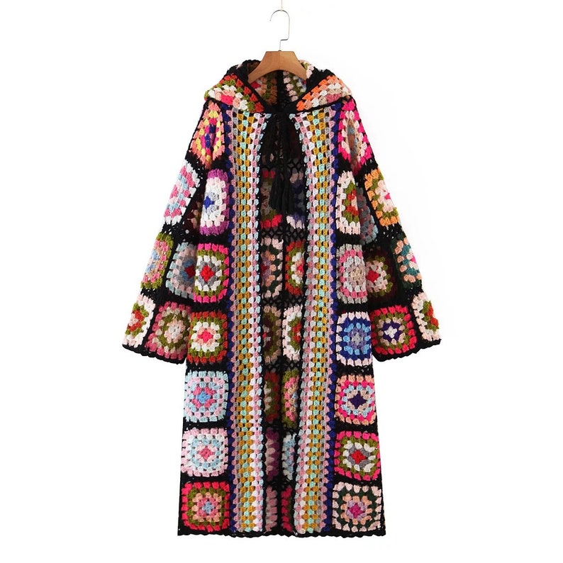 Granny Square Stitch Crochet Sweater, Granny Crochet Cardigan, Handmade Black Crochet Kimono Jacket, Granny Square Afghan Coat 