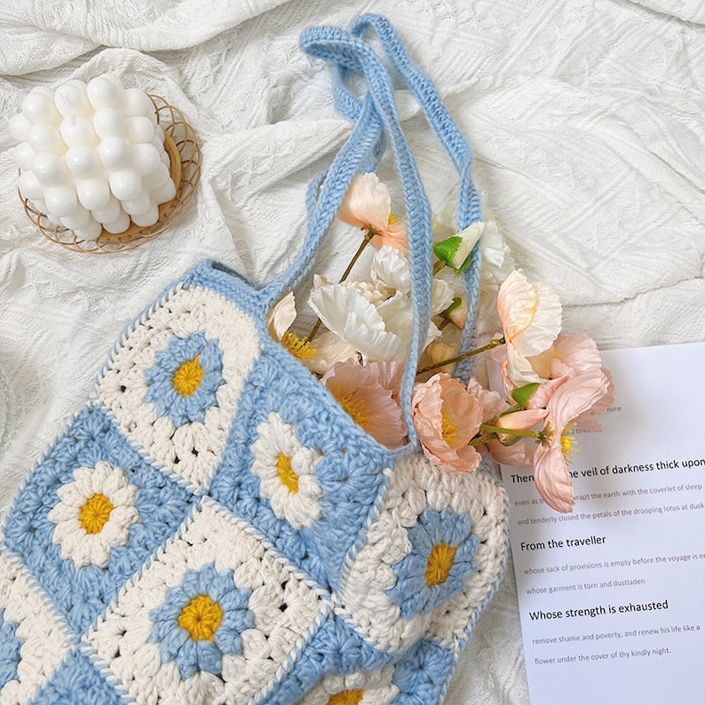 Blue Yellow Granny Square Bag Crochet Top Handle Bag - Etsy