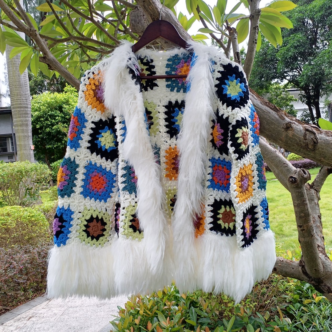 White Crochet Tassel Cardigan Black Granny Square Cardigan Etsy