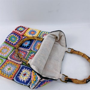 Bamboo Handle Bag, Crochet Granny Square Bag, Straw Shoulder Bag ...