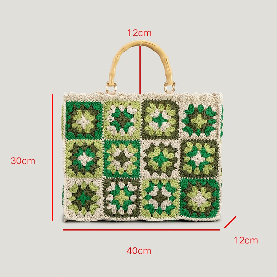 Bamboo Handle Bag Crochet Granny Square Bag Green Straw Bag Etsy