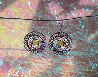 Mandala drop earrings made of 304 stainless steel – rainbow design, delicate boho earrings, round statement earrings