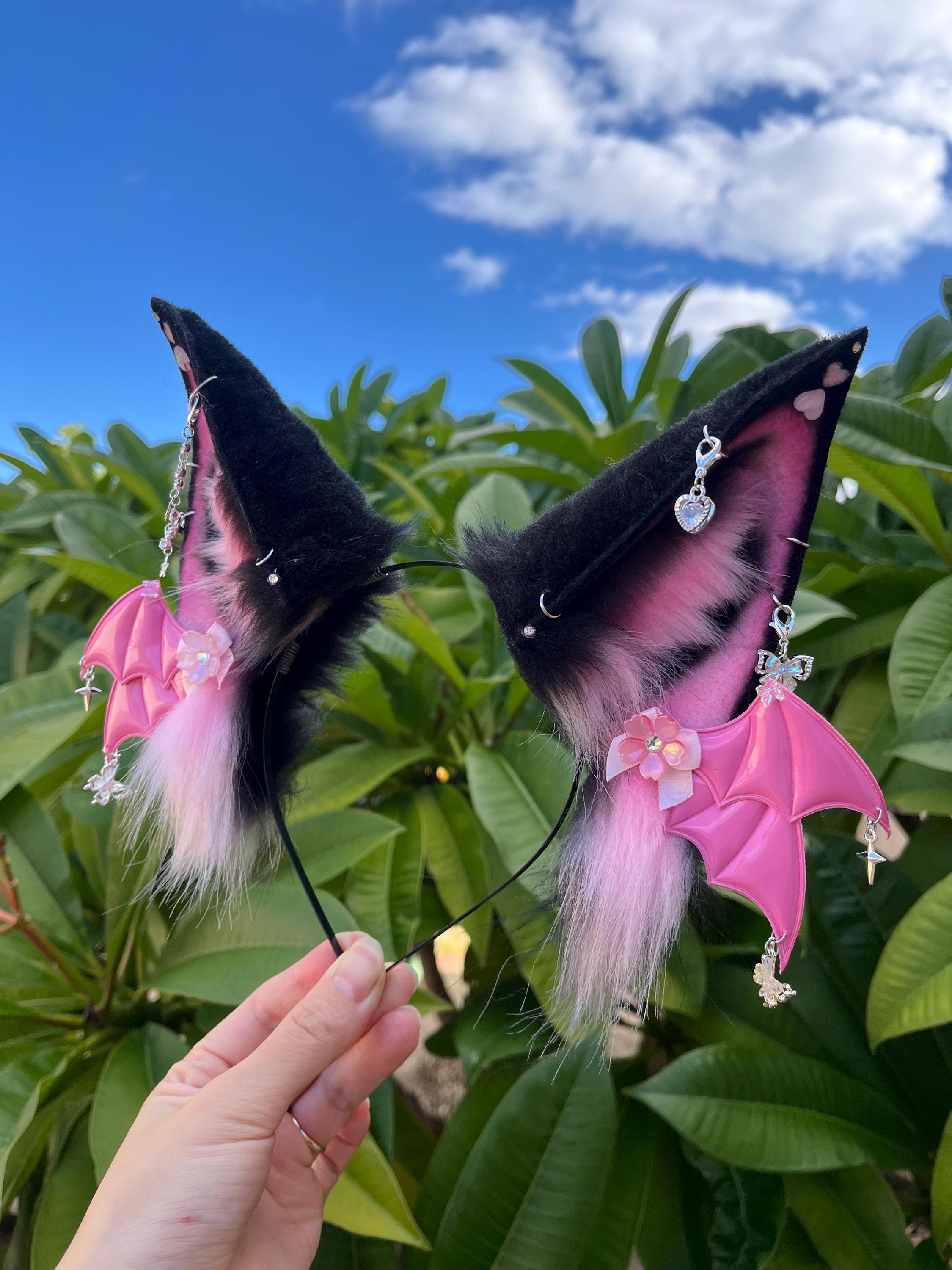 XL Kitsune furry Ears Headband: hot pink and Black Faux Fur, Wired, Adjustable Accessory