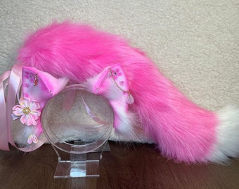 Sakura cat,fox ears headband/kitty ears/ pink cat ears costume headband/pink cat tail