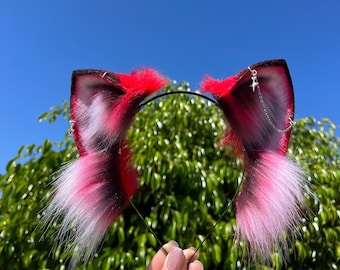 Red with black shading  kitty,cat,fox ears headband/kitty ears/red cat ears costume headband/red panda ears /red fox