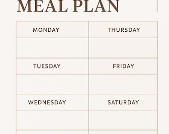 May include: A beige weekly meal plan template with brown text. The text includes "WEEKLY MEAL PLAN" at the top, with days of the week listed in a grid. The words "WEEK OF" and "ANNUAL GROCERY LIST" are also present.