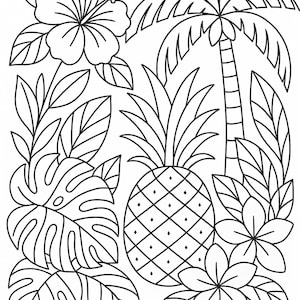 Puede incluir: Ilustración en blanco y negro de plantas y flores tropicales. Una piña es el centro, rodeada de hojas de palmera, flores de hibisco y otro follaje tropical. Imagen para colorear.