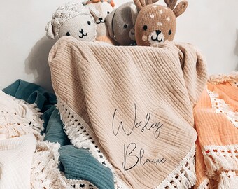 Personalized Muslin Baby Blanket: Fringe Swaddle, Newborn Gift