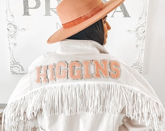 Personalized Fringe Denim Jacket: Varsity Letter Bridal Gift
