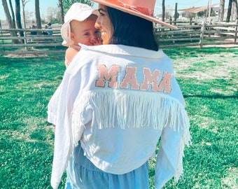 Personalized MAMA White Fringe Denim Jacket/ Varsity Letter Denim Jacket/ Wedding Gift/ Bridal Shower/New Last Name/Bachelorette