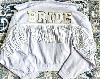 Personalized White Fringe Denim Jacket: Varsity Letter Bridal Gift