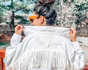 Personalized Fringe White Jean/Denim Jacket Mrs. Custom Jacket, Roman Numeral Wedding Date/Wife, Wedding, Bridal Shower Gift/Bachelorette
