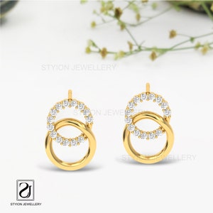 Two Ring 14k Solid Gold Stud, Gold Stud Earring, Moissanite Diamond Stud Earring, Gift for her