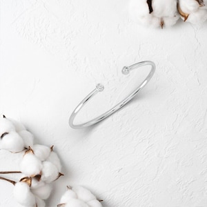 Minimalist Sterling Silver Open Cuff Bracelet with Dainty Crystal Ends – Simple and Elegant Jewelry Gift for Her