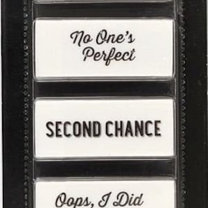 May include: A package of six white eraser blocks with humorous sayings printed in black. The sayings are "Start Over", "No One's Perfect", "Second Chance", "Oops, I Did It Again", "CTL-ALT-DEL", and "Here Today, Gone Tomorrow". The package is black with a red banner that reads "Second Chance Erasers".