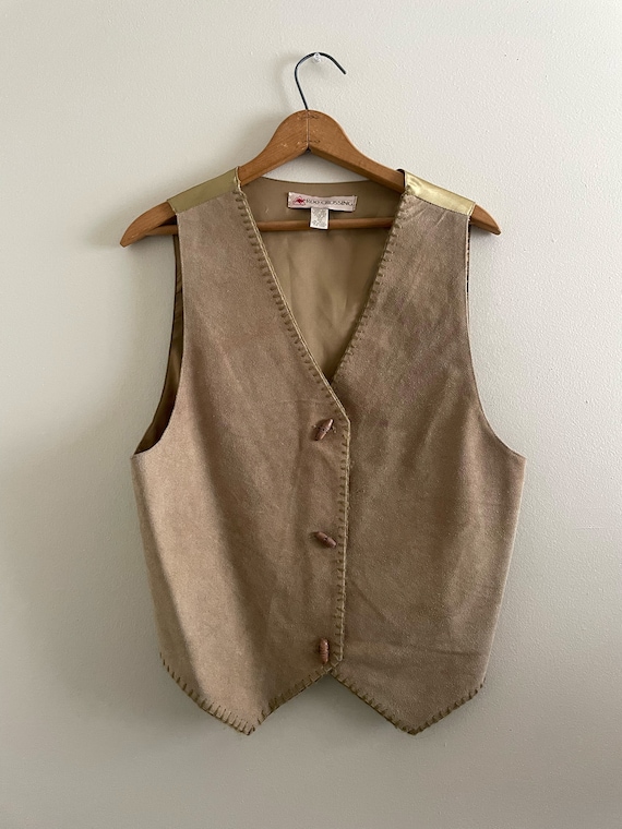 Vintage Tan Genuine Leather Suede Vest 90s Brown Sleeveless Tank Top Vest Wooden Button Details Medium Roo Crossing V neck Outerwear Etsy