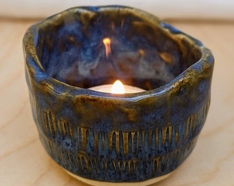 Small Blue/Green Handmade Ceramic Tealight Candle Holder With Unique Rustic Hand Carved Design