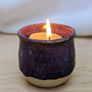 Small Purple Handmade Ceramic Tealight Candle Holder With Unique Rustic Hand Carved Design, Simple Handmade Pottery Votive Candle Holder