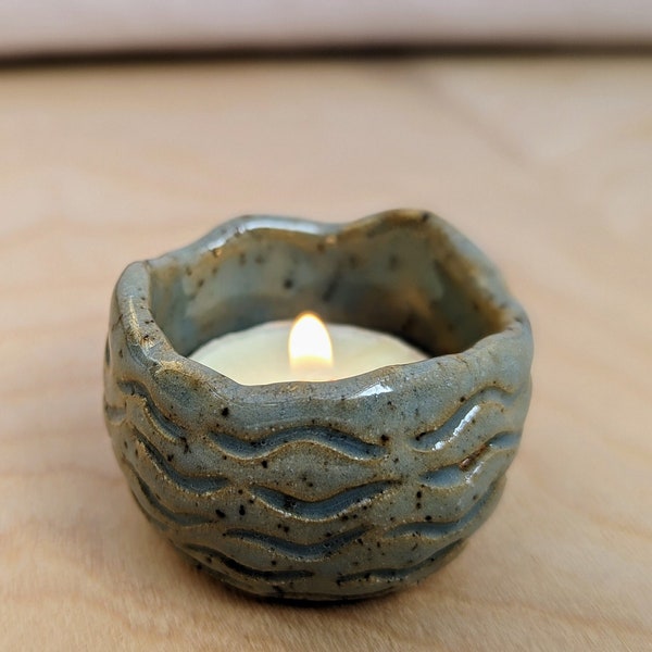 Small Glacier Blue Handmade Ceramic Tealight Candle Holder With Unique Rustic Hand Carved Design