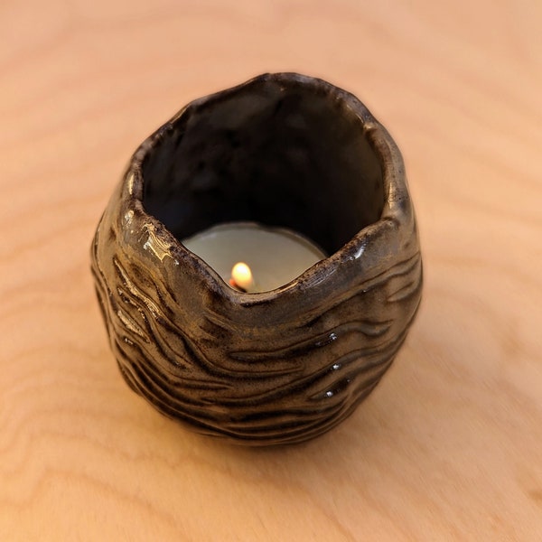 Small Beige Handmade Ceramic Tealight Candle Holder With Unique Rustic Hand Carved Design