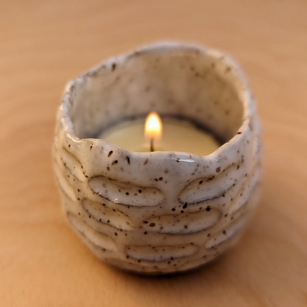 Small White Handmade Ceramic Tealight Candle Holder With Unique Rustic Hand Carved Design