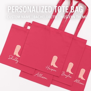 Personalized Western Tote Bag – Custom Name Hot Pink Tote with Cowboy Boot Design – Bridesmaid Gift, Bachelorette Party Favor, Girls Trip