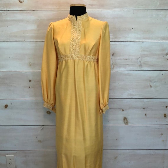 Vintage 1960s gown gold high collar long sleeve p… - image 1
