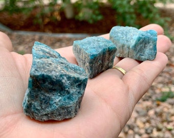 May include: Three rough, blue-green apatite crystal stones in the palm of a hand.