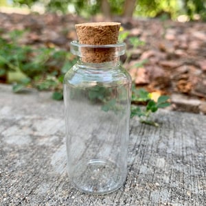 May include: A small, clear glass bottle with a cork stopper. The bottle is empty and has a round shape.