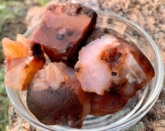 May include: A small bowl filled with carnelian agate stones. The stones are a mix of orange, red, and brown colors with white banding.