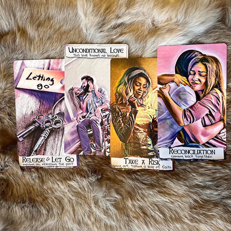 May include: Four colorful cards with illustrations and text. The cards are titled "Letting Go", "Unconditional Love", "Take a Risk", and "Reconciliation".
