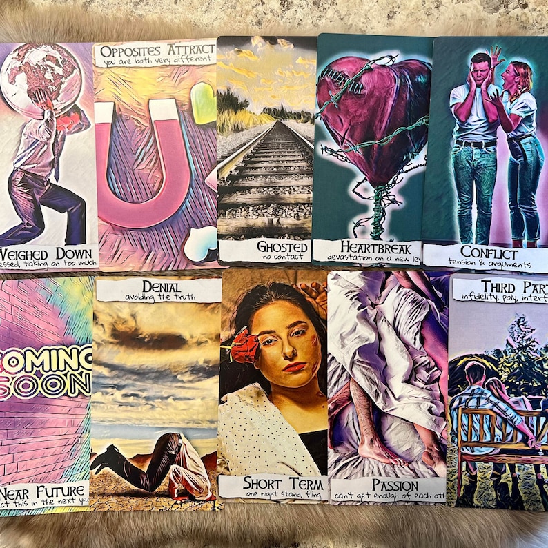May include: A set of 10 tarot cards with colorful, abstract designs and text. The cards feature themes such as "Opposites Attract", "Ghosted", "Heartbreak", "Conflict", "Third Party", "Weighed Down", "Denial", "Short Term", "Passion", and "Near Future".