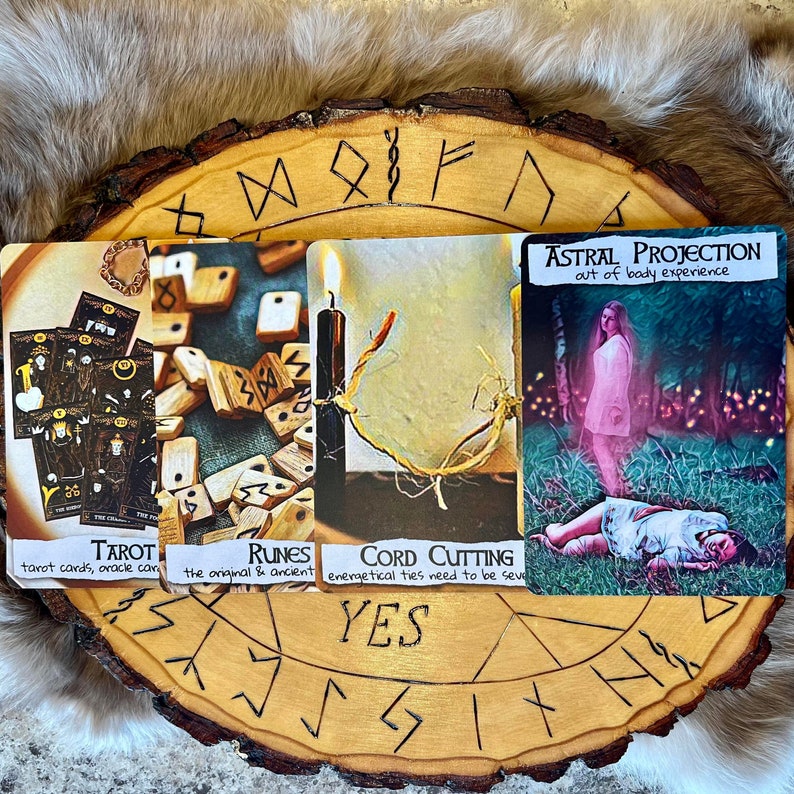 May include: Three tarot cards, a set of runes, and a cord cutting card with the word "YES" on a wooden background with runes carved into it. The tarot cards are labeled "Tarot", the runes are labeled "Runes", and the cord cutting card is labeled "Cord Cutting". The astral projection card is labeled "Astral Projection" and has the text "out of body experience".
