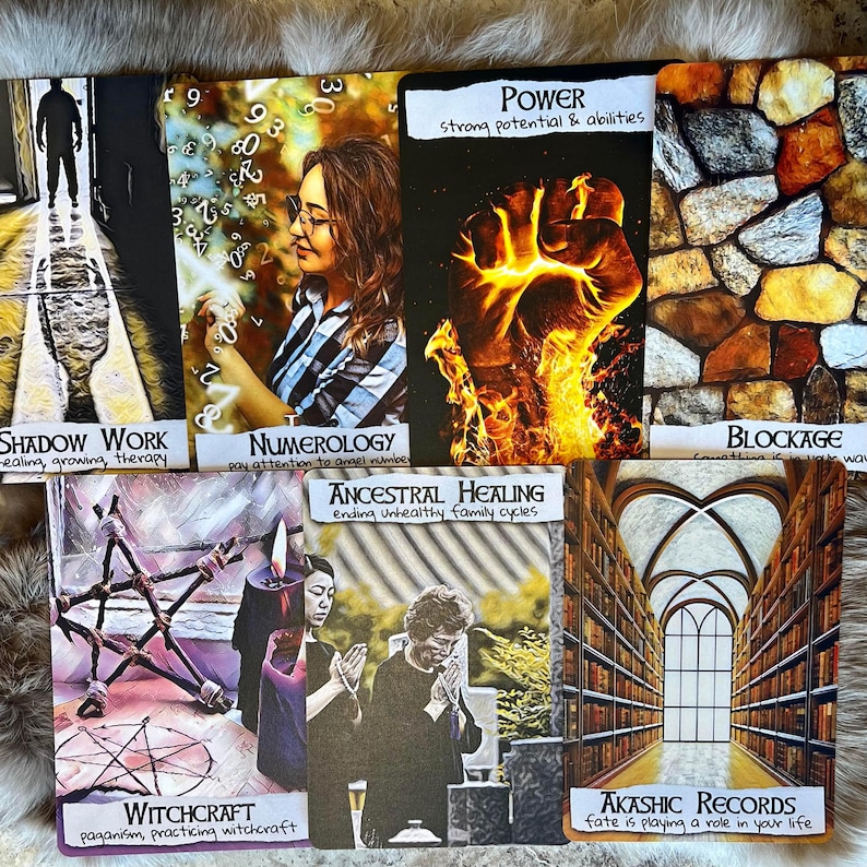 May include: A set of ten oracle cards with colorful illustrations and text. The cards include titles such as "Shadow Work", "Numerology", "Power", "Ancestral Healing", "Witchcraft", "Blockage", and "Akashic Records".