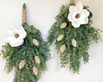 Magnolia & Eucalyptus Swag with Bunny Tails - High Quality Artificial Door Swag - All Year Door Decor - Double Door Swag / Wreath
