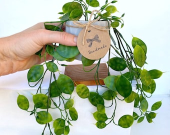 Hanging Faux Lunaria Plant in Handmade Concrete Pot - with Jute Twine or as Floating Shelve Decor - Farmhouse, Boho Decor
