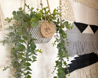 Hanging Faux Eucalyptus Plant in Textured Concrete Pot with Jute Twine -  Farmhouse, Boho Decor