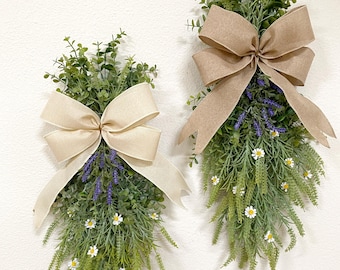 Door Swag with Eucalyptus, Lavender and Daisy Flowers - FAUX Front Door or Wall Swag, Double Door Wreath, Window Swag, Door Hanger