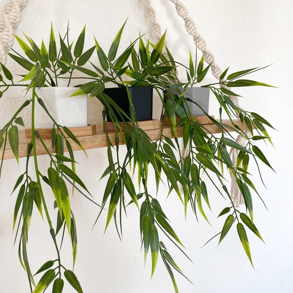 Small Artificial Bamboo Hanging Plant in white, black or grey Hexagon Pot with Bamboo Tray, Floating Shelve Decor, Hanging Plant, Boho Decor