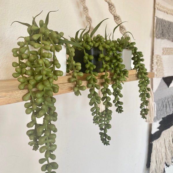 Small Artificial Burro's Tail in white, black or grey Hexagon Pot with Bamboo Tray, Floating Shelve Decor, Hanging Plant, Boho Decor